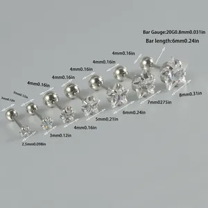 Detailed size chart for stainless steel star stud earrings from 2.5mm to 8mm zircon