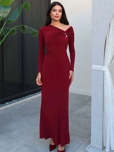 Women Slant Neck Off Shoulder Ruched Bodycon Maxi Dress Long Sleeve Elegant Evening Party With Decorative Buttons