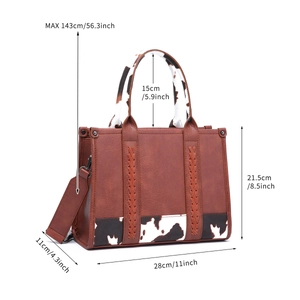 Detailed dimensions of the western style crossbody bag with cow print and braided accents
