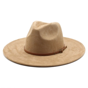 Classic khaki wide-brim fedora jazz hat with brown leather band and metal buckle detailing