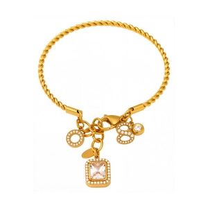 Gold plated titanium bangle with square sugar cube gem and diamond encrusted charms
