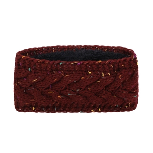 Detail of burgundy cable knit headband with warm thick fleece lining and colorful tweed yarn