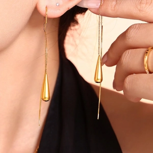 Minimalist Water Drop Pendant Ear Threader Earrings Stainless Steel Long Tassel Chic Elegant Fashion Jewelry For Women Gold