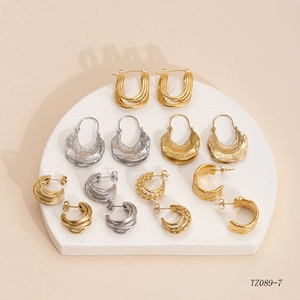 Fashion Geometric Stainless Steel Earrings Gold Silver Plated Textured C-Shaped Dangle Stud Earrings For Women Jewelry Gift