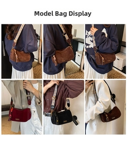 Detail view of retro suede hobo bags in brown, red, and black with ethnic patterned straps