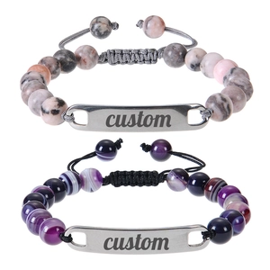 Natural Stone Bead Bracelet Stainless Steel Bar Adjustable Braided Cord Handcrafted Jewelry Men Women