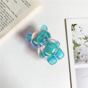 Macro detail of 3D cartoon laser bear phone grip with iridescent aurora finish