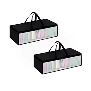 Detail of black non-woven storage bag with quilted texture, clear window and double zipper