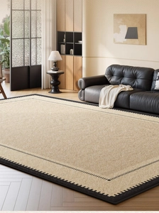 Detail of French vintage jute carpet texture with black border in a modern living room