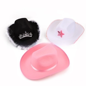 Flat lay detail of cowboy party hats featuring sequin stars, crowns, and feather trims