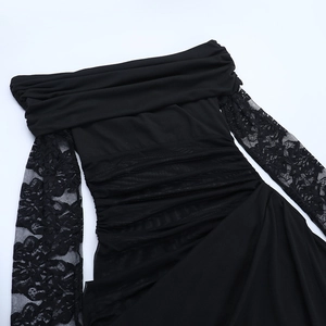 Close-up of elegant floral lace sleeves and mesh ruching on a black bodycon dress