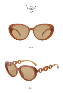 Retro cat eye sunglasses with amber tea frame and unique hollow chain temple detail