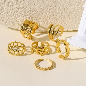 6pcs vintage 18k gold plated stainless steel rings set featuring leaf and heart motifs