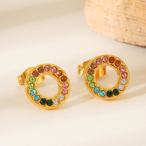 18K gold plated stainless steel round stud earrings with colorful rainbow crystals