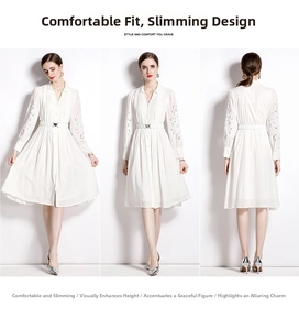Détails d'une robe blanche à manches longues avec broderie ajourée sur manches bouffantes