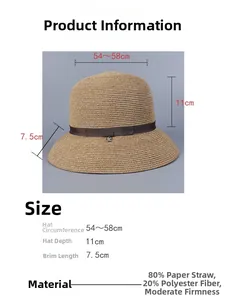 Size chart for woven straw sun hat detailing head circumference and brim dimensions