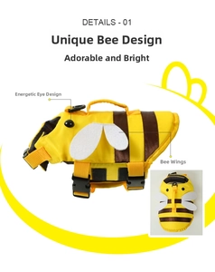 Détails du gilet de sauvetage pour chien style abeille montrant le nylon et les boucles