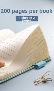 Close-up of mint green A7 pocket notebook showing 200 thick lined pages and pen holder