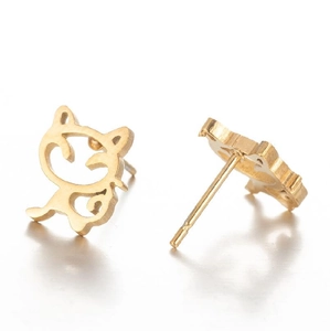 Golden cat-shaped stainless steel stud earrings with a polished metallic finish
