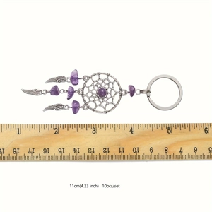 Purple amethyst dreamcatcher keychain with silver feathers and stainless steel ring