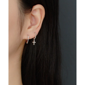 S925 sterling silver ball earrings with cross pendant charm on female ear model