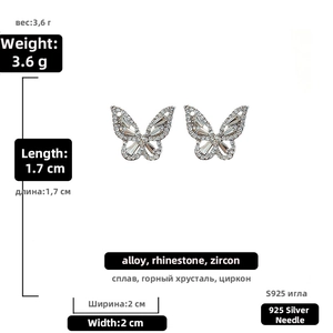 Détails des boucles d'oreilles papillon ajourées avec zircons et tiges en argent S925