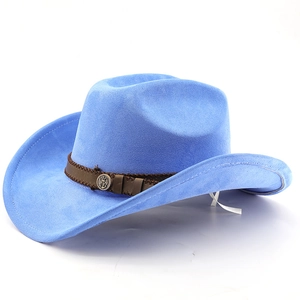 Detail of sky blue western cowboy hat with brown band and vintage metal anchor buckle