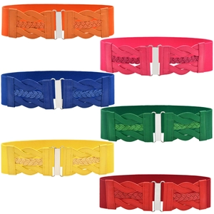 Women Wide Elastic Waist Belt Faux Leather Woven Design Cinch Corset With Alloy Interlocking Buckle For Dresses Coat
