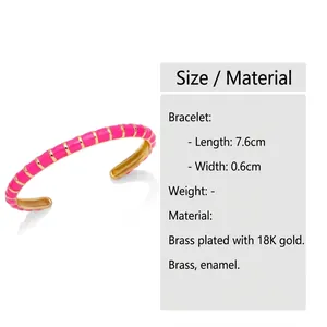 Detailed view of pink enamel bangle in 18K gold plated copper with size specifications