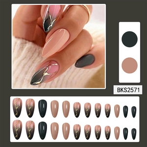 Press-on nail set BKS2571 with pink marble, dark grey, and nude pink finishes in 24 pieces
