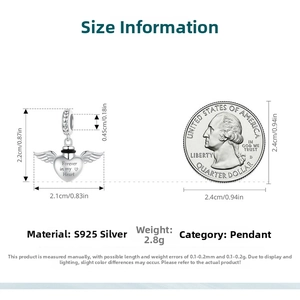 S925 silver heart wing pendant size chart with dimensions and coin scale reference