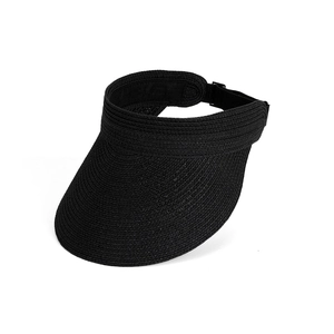 Women's black straw open top sun hat with wide brim and adjustable buckle for summer