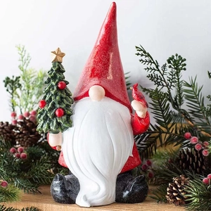 Christmas Gnome Figurine Resin Santa Claus Statue White Beard Holding Tree Tabletop Home Decor Festive Ornament