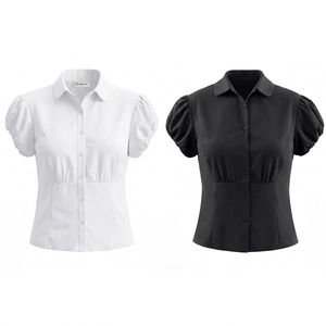 Women Short Sleeve Puff Sleeve Shirt Cotton Blend Slim Fit Waisted Solid Color Vintage Lapel Button Up Blouse Top