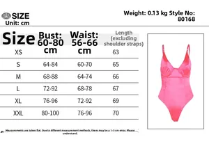 Size chart detail showing bust, waist, and length measurements for women's bodysuit