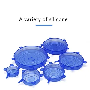 Set of 6 blue stretchable food-grade silicone lids with smiley faces in various sizes