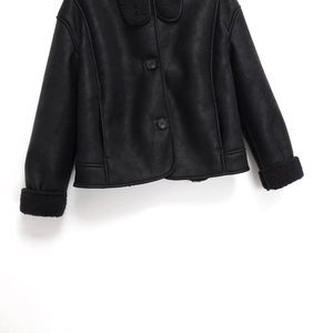 Women's black faux suede biker jacket featuring contrast shearling trim and buttons