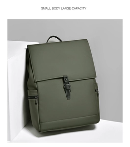 Detail of army green waterproof laptop backpack featuring adjustable buckle closure