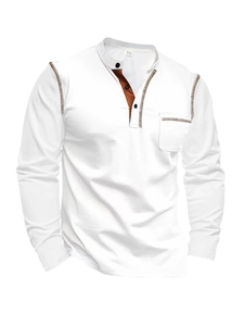 Haut Henley blanc à manches longues avec patte à trois boutons et poche poitrine contrastée