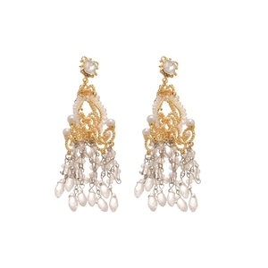 Elegant gold crystal chandelier earrings with pearl tassels and vintage French palace style