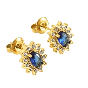 Luxurious gold titanium earrings with oval blue gemstone and zircon flower halo