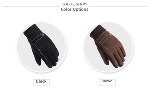 Detail view of winter pigskin gloves with ribbed knit cuffs in black and brown colors