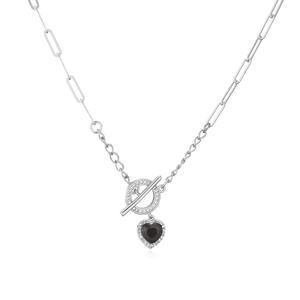Silver paperclip necklace featuring a crystal-set toggle clasp and a black heart pendant