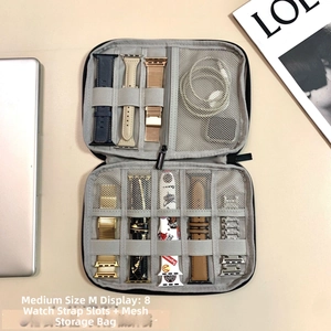 Medium grey electronics organizer bag showing 8 slots for Apple Watch bands and mesh pocket