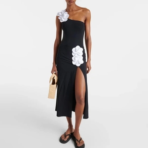 One Piece Swimsuit Monokini With Wrap Skirt 3D Flower One Shoulder Black White Contrast Nylon Sexy Beachwear Women