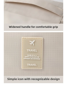 Detail of travel organizer handle and fabric patch with airplane travel logo