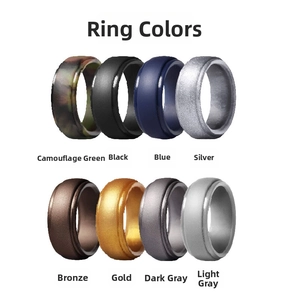 Detail view of 8-color silicone sports rings set in matte black, blue and metallic finishes
