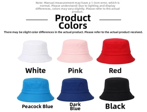 Detailed grid showing 6 solid color cotton bucket hats in white, pink, red, and blue shades