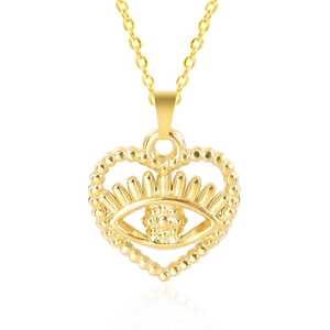 Macro shot of 18k gold plated heart pendant with blue eye detail on stainless steel necklace