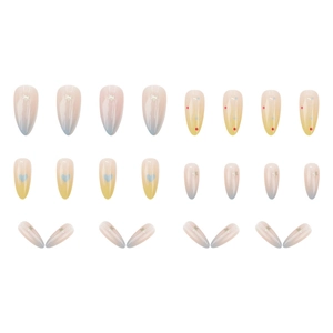 Blue gradient heart press-on nails with almond shape and silver star accents